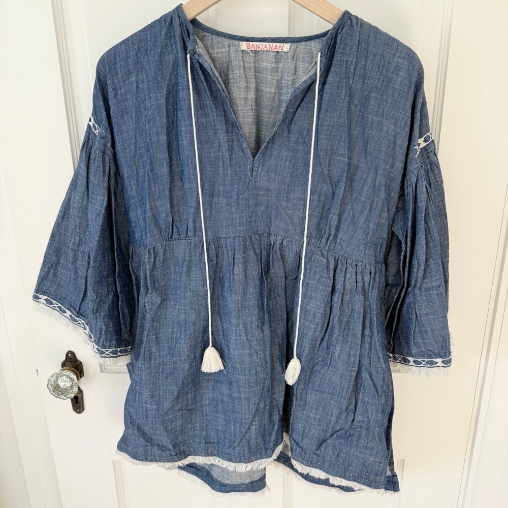Banjanan Chambray Denim Bell 3/4 Sleeve Tunic Blouse Fringe Tassels Medium M